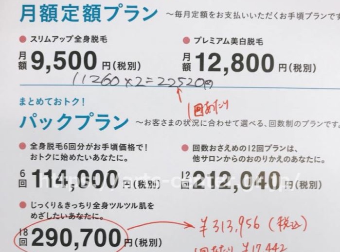 キレイモの料金表(カウンセリングでもらったパンフレット)