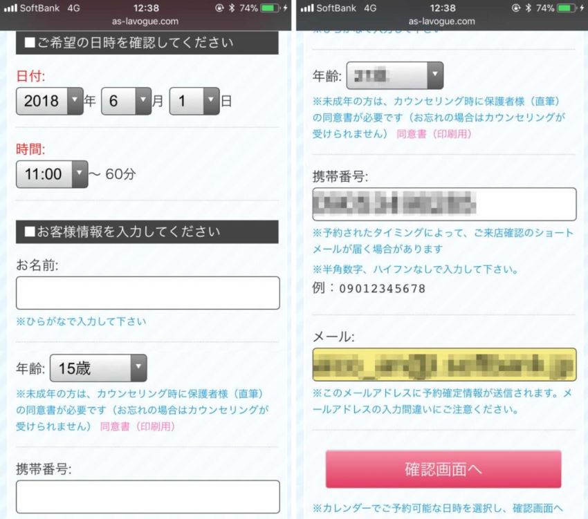 恋肌申込(個人情報の入力)